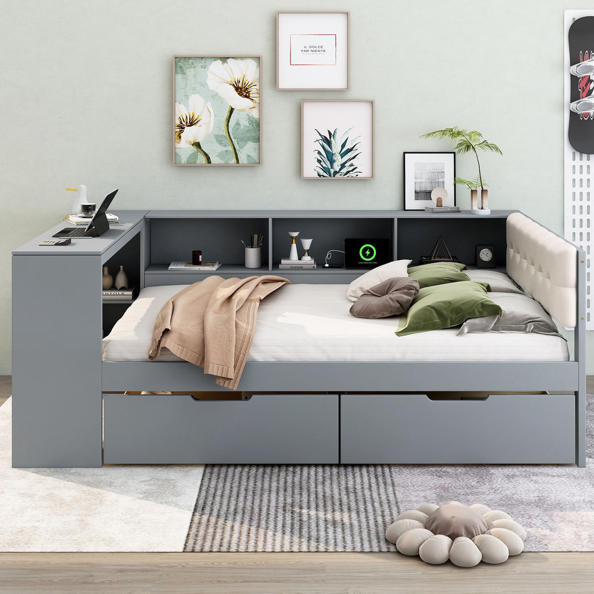 Upholstered Headboard Platform Bed With Storage Shelves, Drawers, Charging Station