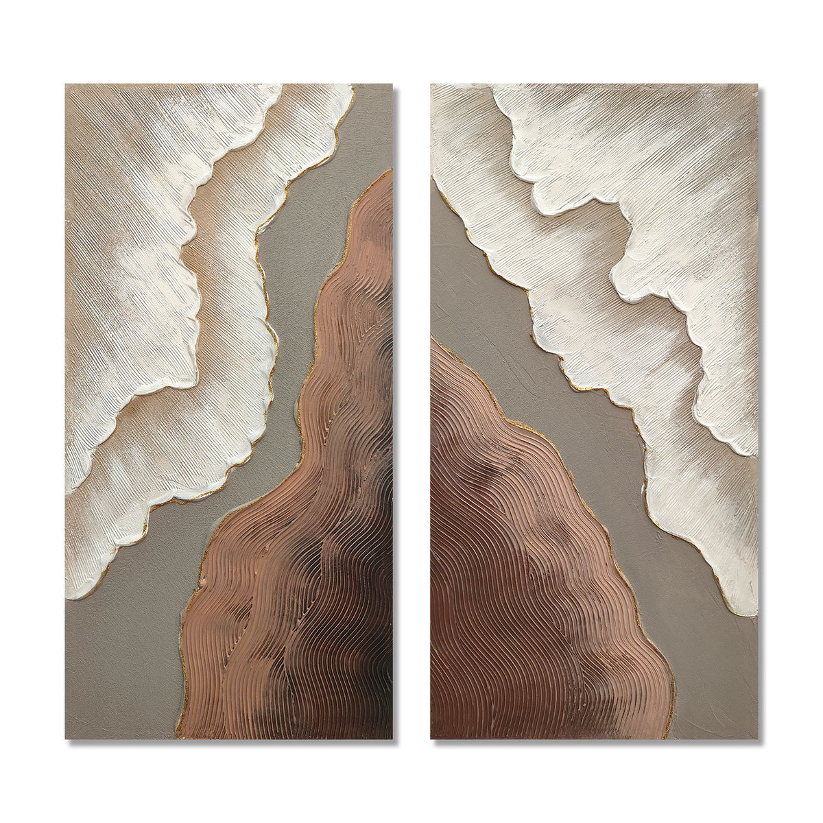 Abstract Wall Art, Textured Canvas Painting With Accents, Decor For Living Room (Set of 2) - Antique Brown / White