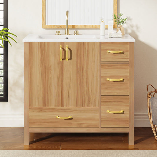 Bathroom Vanity, 2 Soft Close Doors, 4 Soft Close Drawers, Adjustable Shelf, Storage Cabinet - Acacia Wood