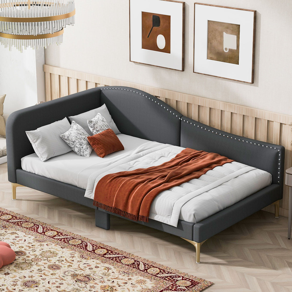 Upholstered Daybed With Headboard And Armrest, Support Legs