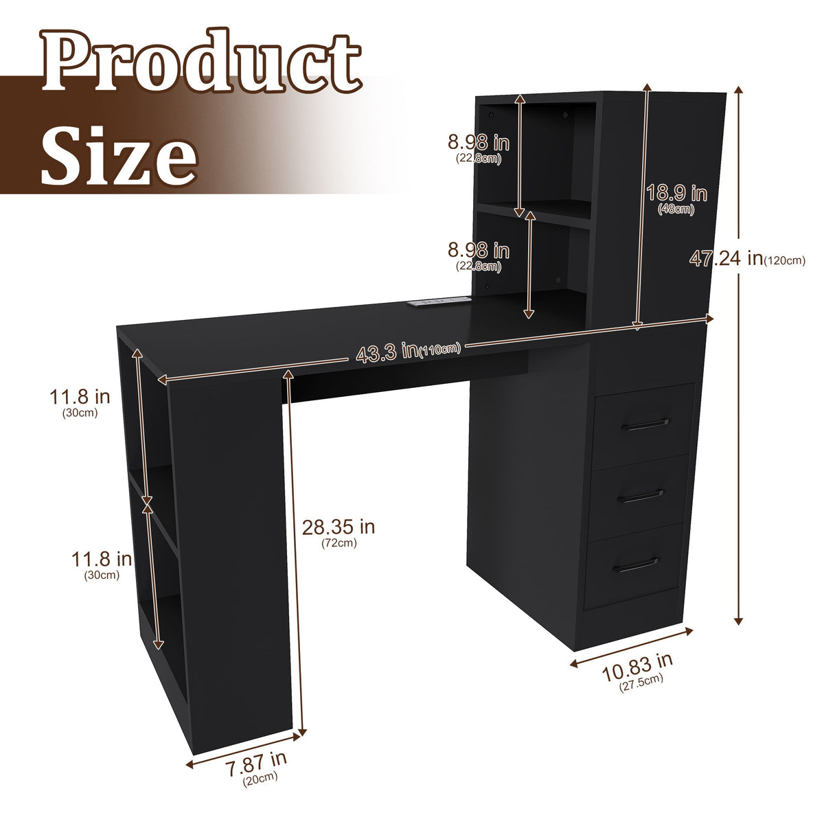 Computer Desk With 4 In 1 Socket, 3 Slide Drawers And 4 Storage Levels, For Home Office - Black