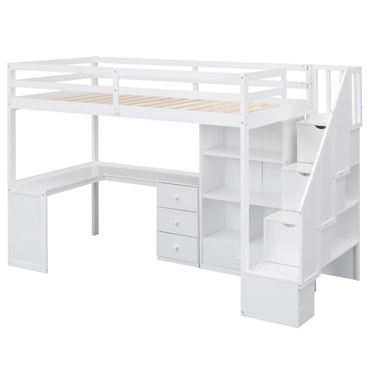 Loft Bed With L Shaped Desk, Drawers, Cabinet, And Storage Staircase