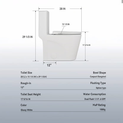 Upgraded Design Armrest, With Glossy Gw 007 1 Piece Toilet With Tornado Flush, Soft Close Seat, Dual Flush Map 1000G, Comfort Chair Seat - Gloss White