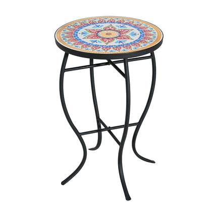Outdoor Round Side Table With Mosaic Style Top And Curved Iron Legs