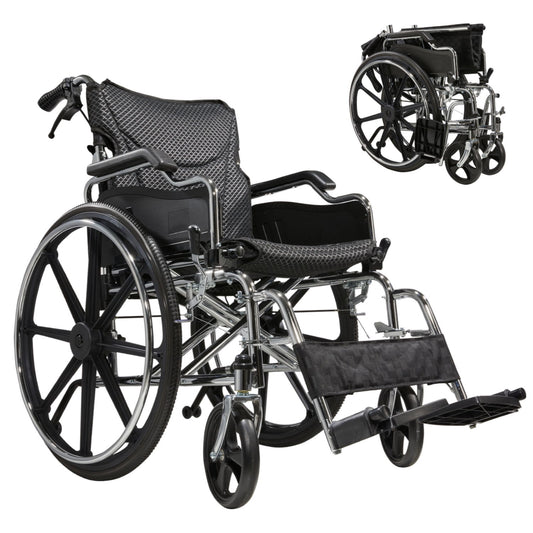 Heavy Duty Manual Wheelchair With Double X Force Support 24" Non Inflatable Tires Foldable Transport Wheelchair With Quick Release Wheels 350Lbs Capacity - Black / Silver