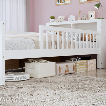 Bed With Headboard Storage Rack, 2 Under Bed Drawers, 3 Side Guardrails For Safety
