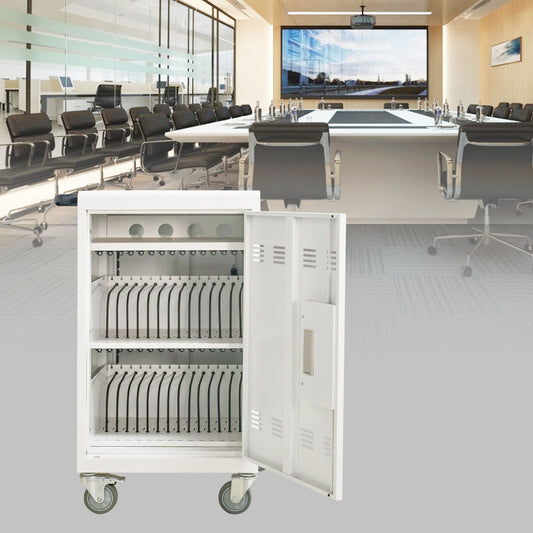 Mobile Charging Cart And Cabinet For Tablets Laptops 30 Device With Combination Lock - Antique White