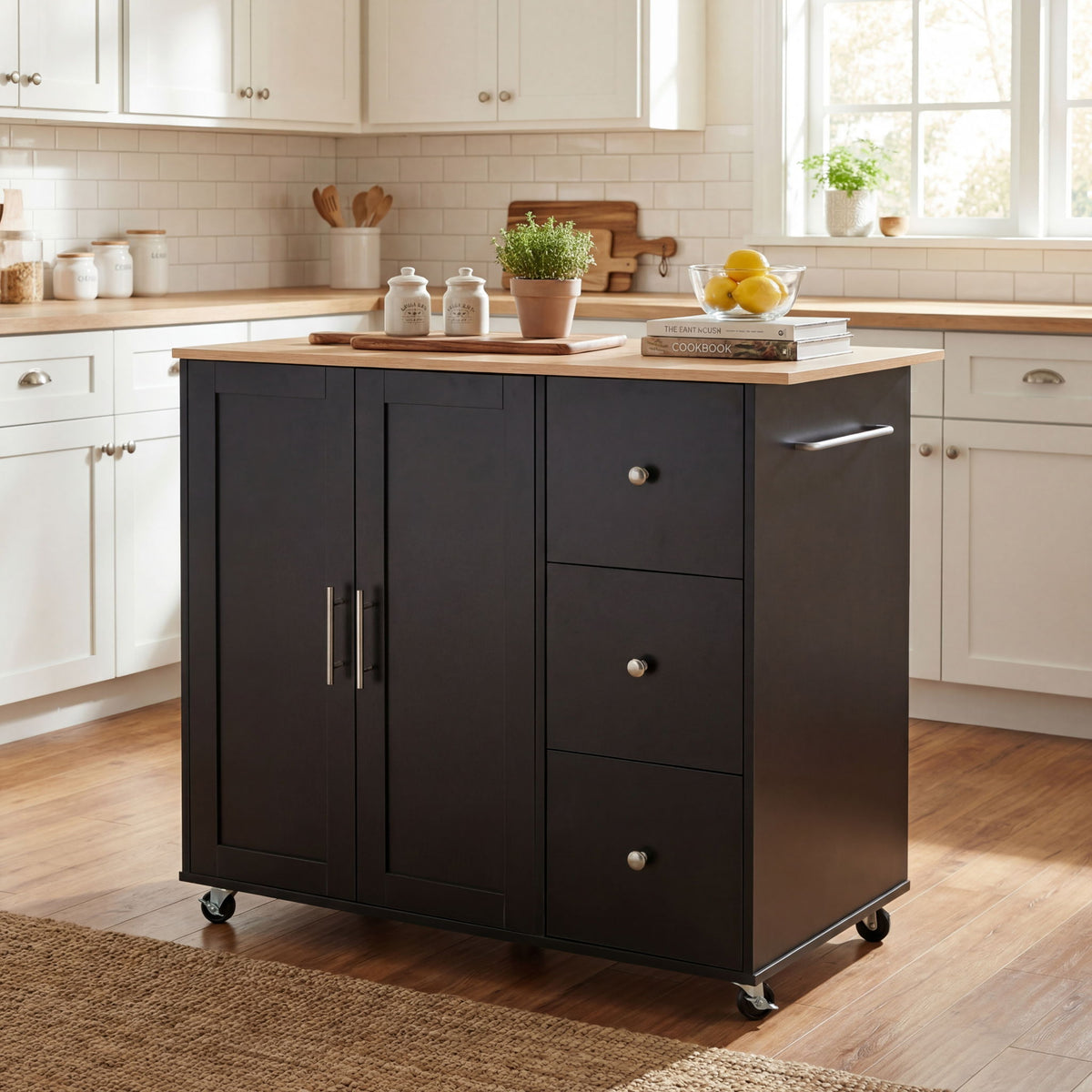 Mobile Kitchen Cart With Storage With 2 Doors, 3 Drawers & Adjustable Shelf - Black / Natural