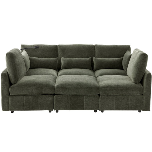 Modern Modular U-Shaped Sofa Bed With Movable Ottoman, USB Ports, Phone Holder