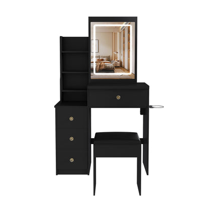 Vanity Desk With 3 LED Lighting Modes, 4 Drawers, Open Shelves, Hair Dryer Holder & Power Socket Dressing Table Set With Chair - Black