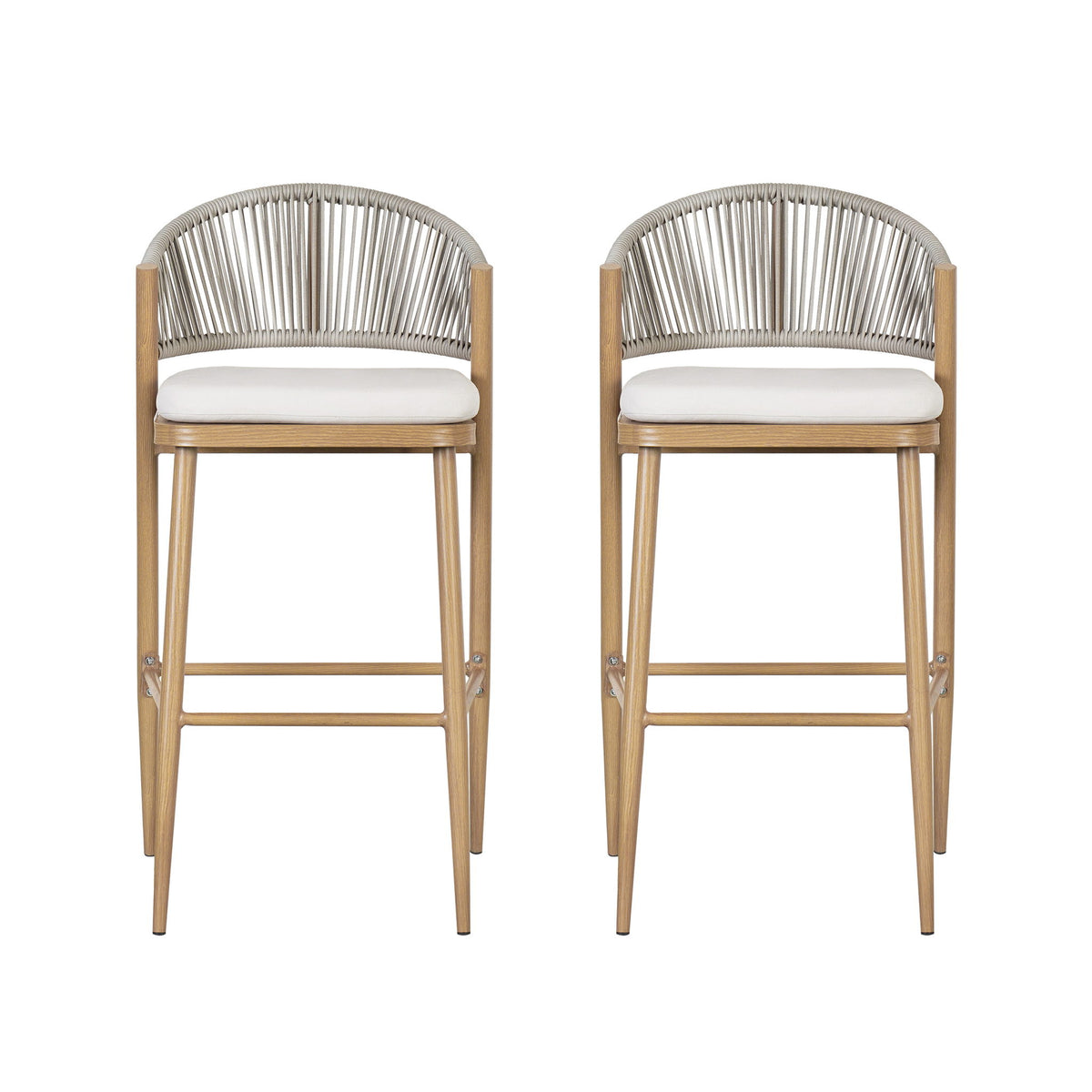 Outdoor Bar Height Metal Frame Counter Stools With Scallop Shaped Backrest & Water Resistant Cushions
