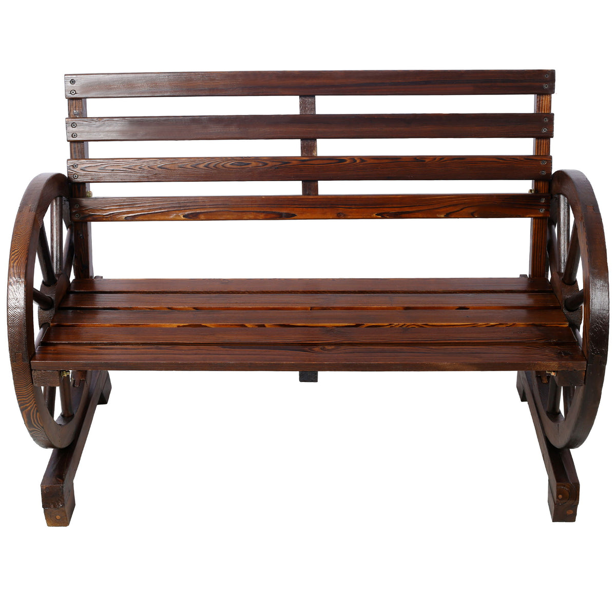 Rustic Country 2 Person Wooden Wagon Wheel Bench With Slatted Seat And Backrest - Brown