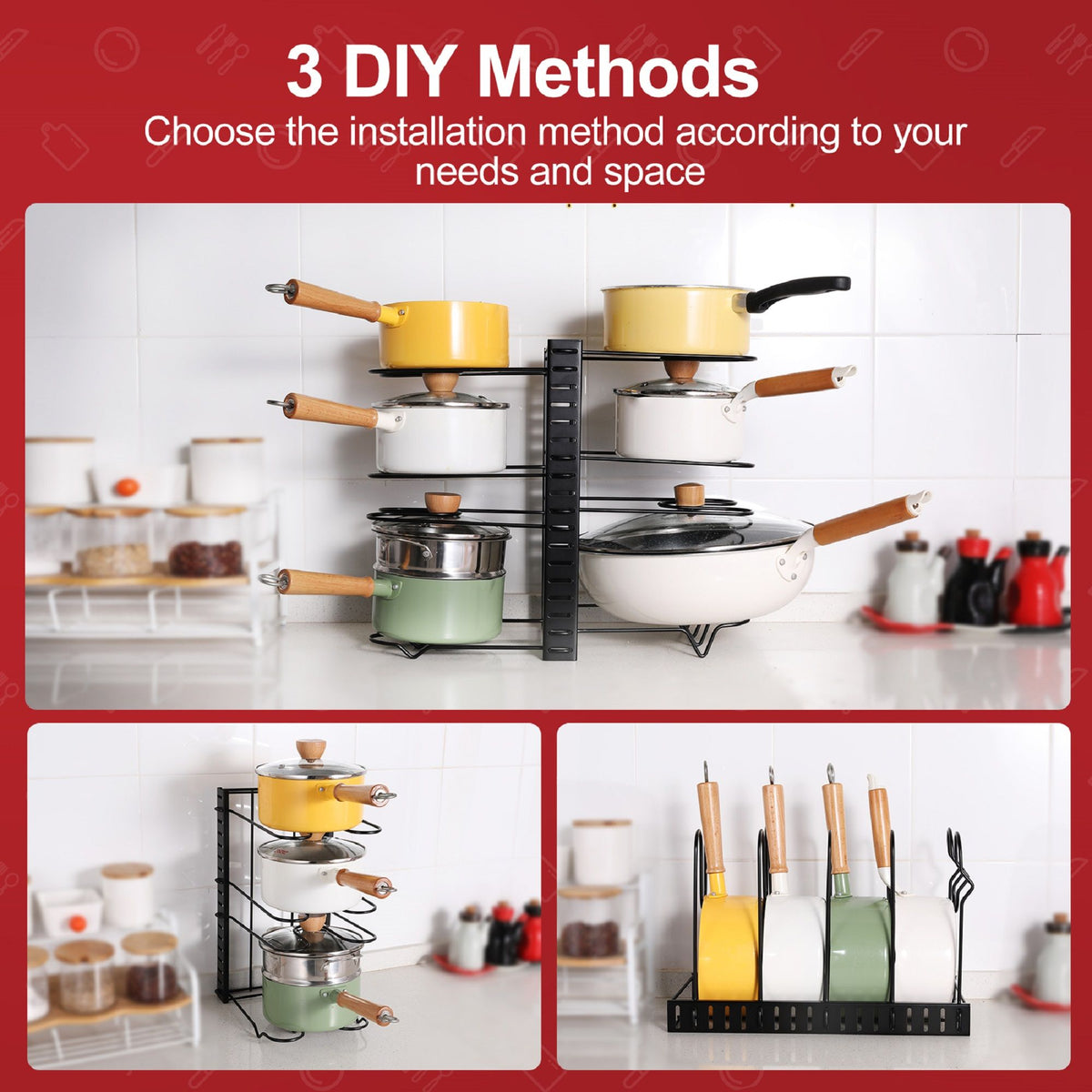 Adjustable Pot Rack Kitchen Storage Organizer - Black
