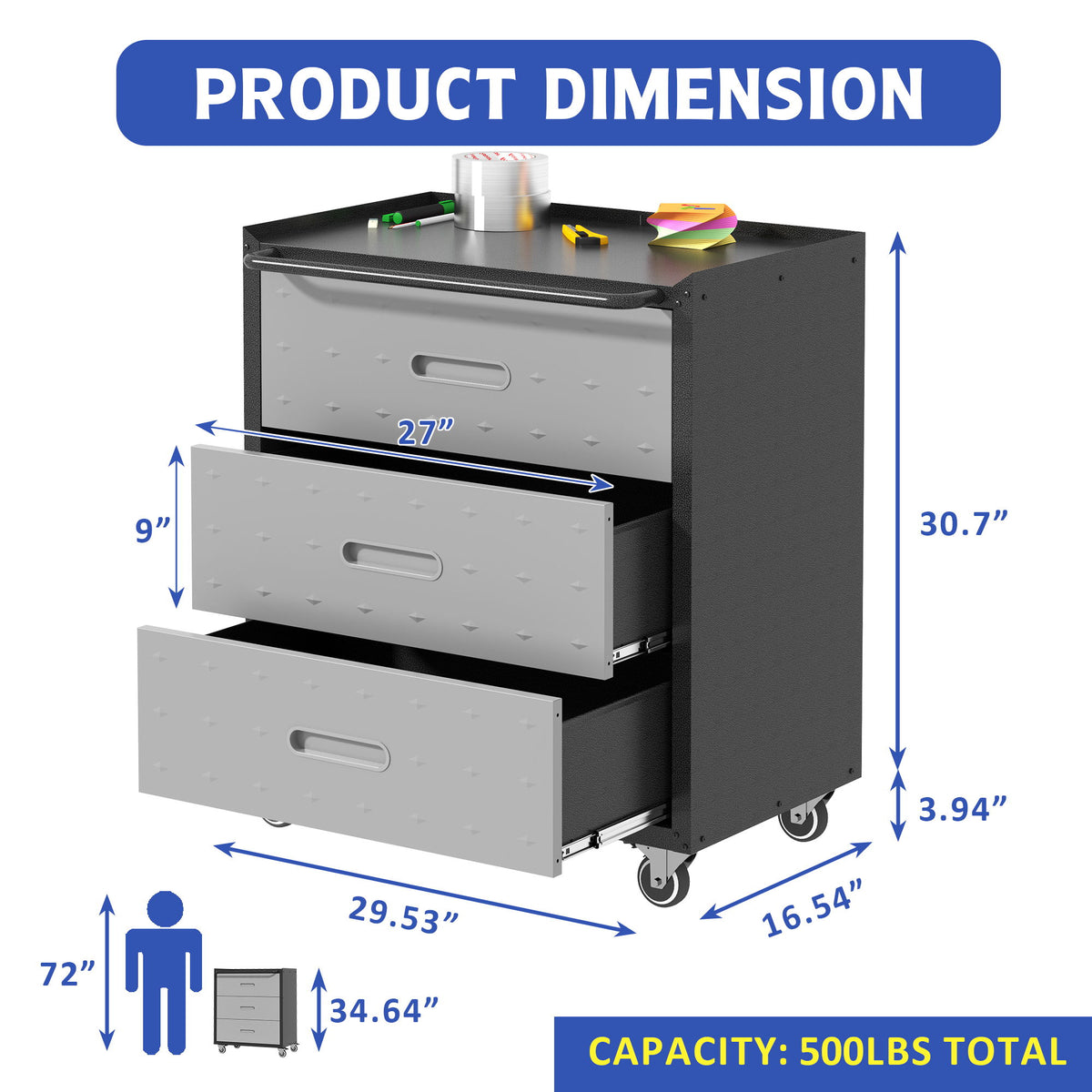 Heavy Duty Metal Storage Cabinet With Wheels 3 Drawer Tool Cabinet For Garage, Office, And Home Organizer Solutions