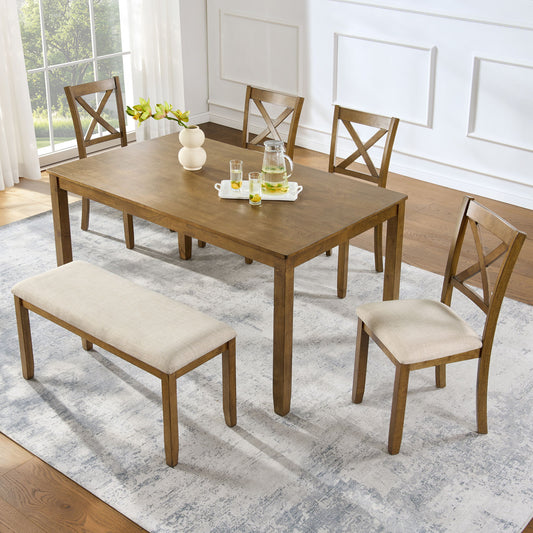 6 Piece Dining Table Set, Large Rectangular Table With Upholstered Bench & 4 X - Back Chairs, Kitchen Furniture - Oak