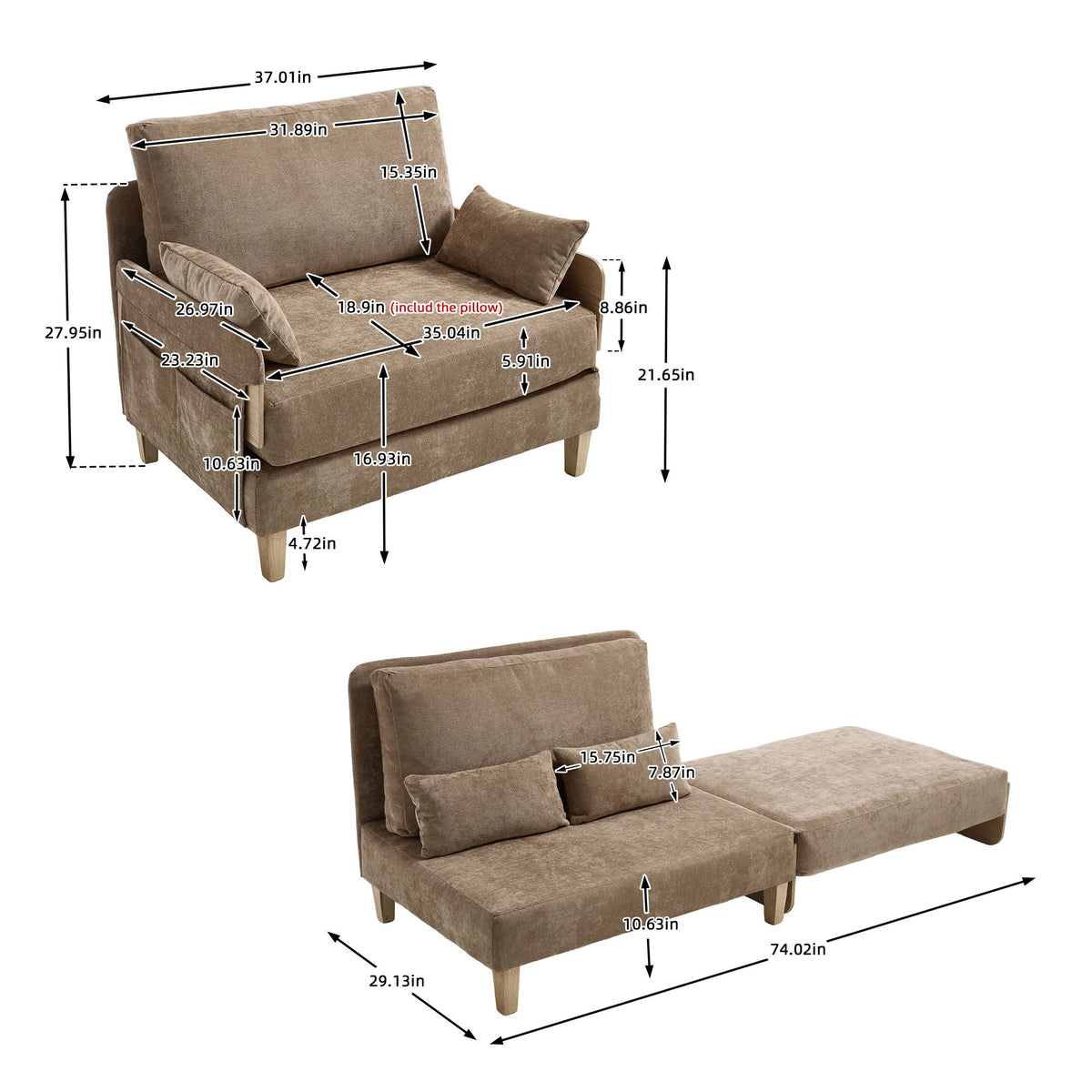 Mid Century Modern Foldable Sofa Bed, 3 In 1 Convertible Sleeper With 3 Pillows