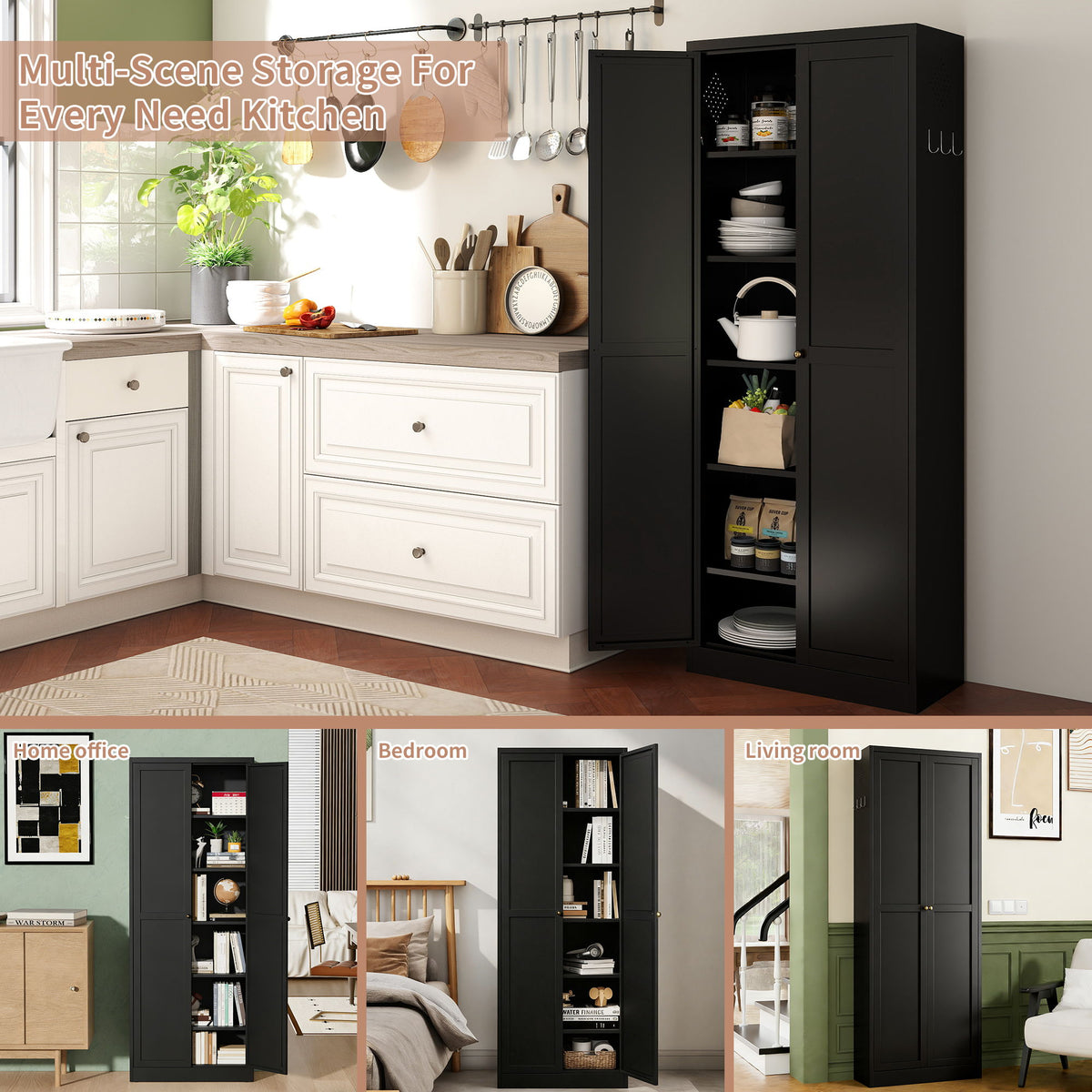 Kitchen Pantry Cabinet With 4 Adjustable Shelves, Heavy Duty Freestanding Organizer