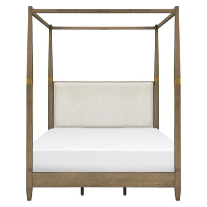 Queen Canopy Bed Frame With Upholstered Headboard - Brown