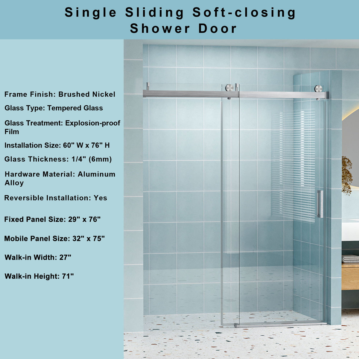 Frameless Soft-Closing Shower Door, 1/4" (6 Mm) Tempered Glass Single Sliding With Explosion Proof Coating