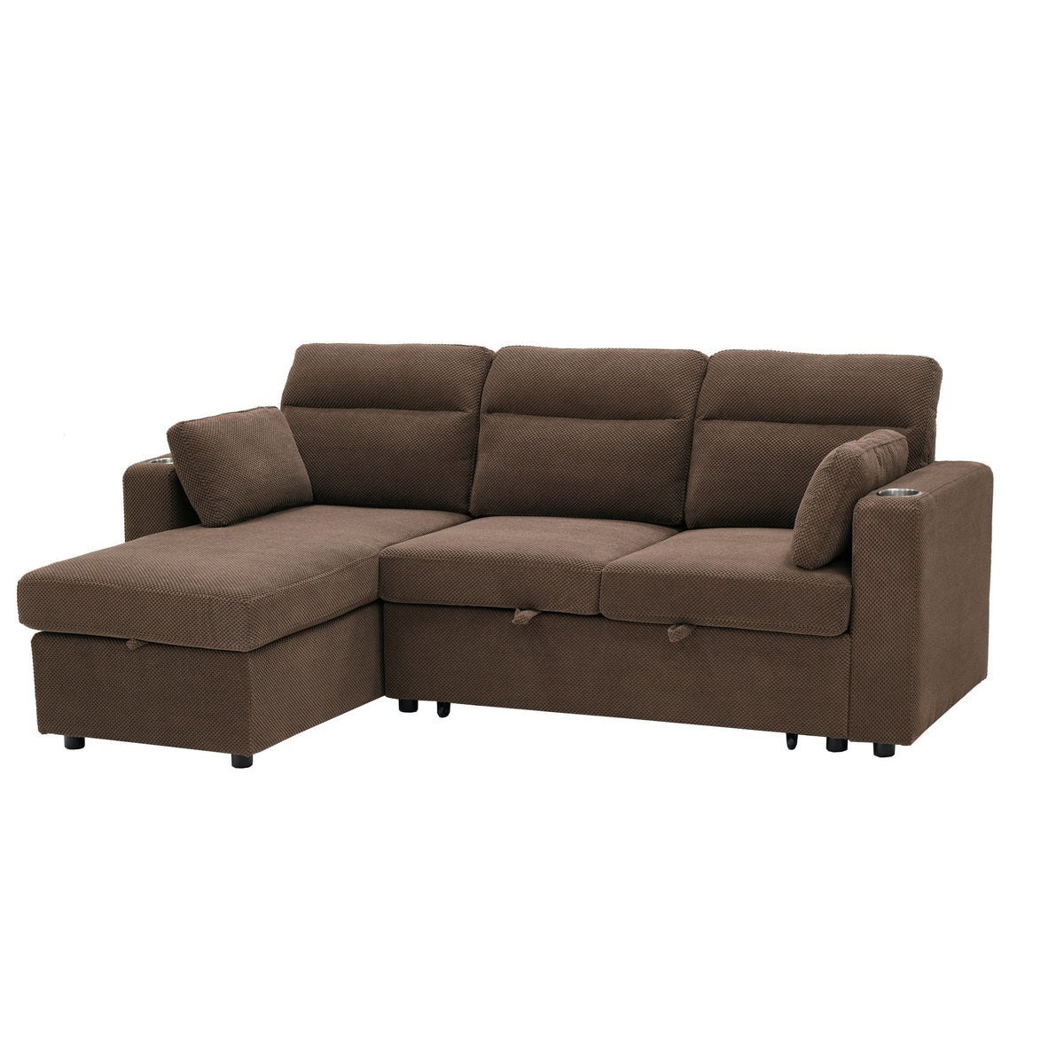 Convertible Sectional Sofa With Storage Chaise, Cup Holders And Pull Out Sleeper