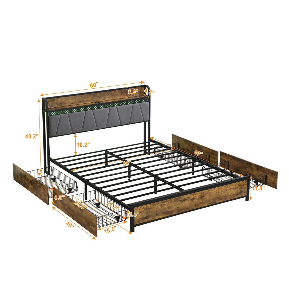 Modern Bed Frame With LED Lights, Upholstered Headboard, USB Charging