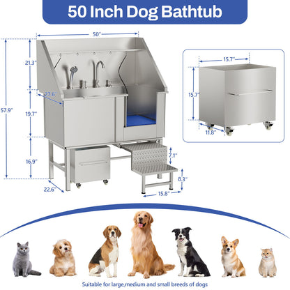 Stainless Steel Dog Washing Station With Seamless Design And Accessories - Silver