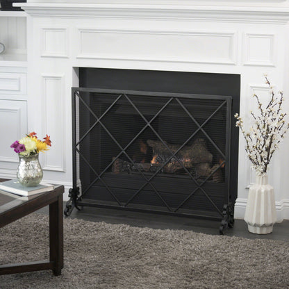 Minimalist Single Panel Iron Fireplace Screen With Diamond Design - Black
