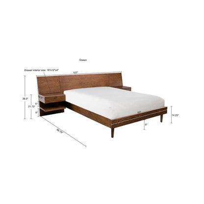 Queen Size Bed With Attached Nightstands And Hidden Storage - Pecan