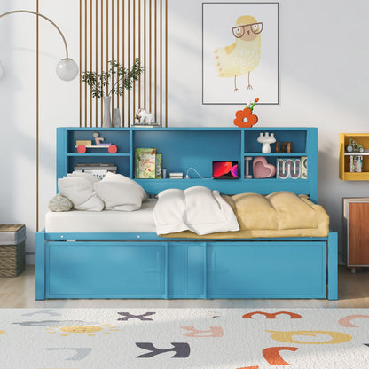 Twin Daybed With Trundle, Storage Shelves, USB Ports Frame - Blue