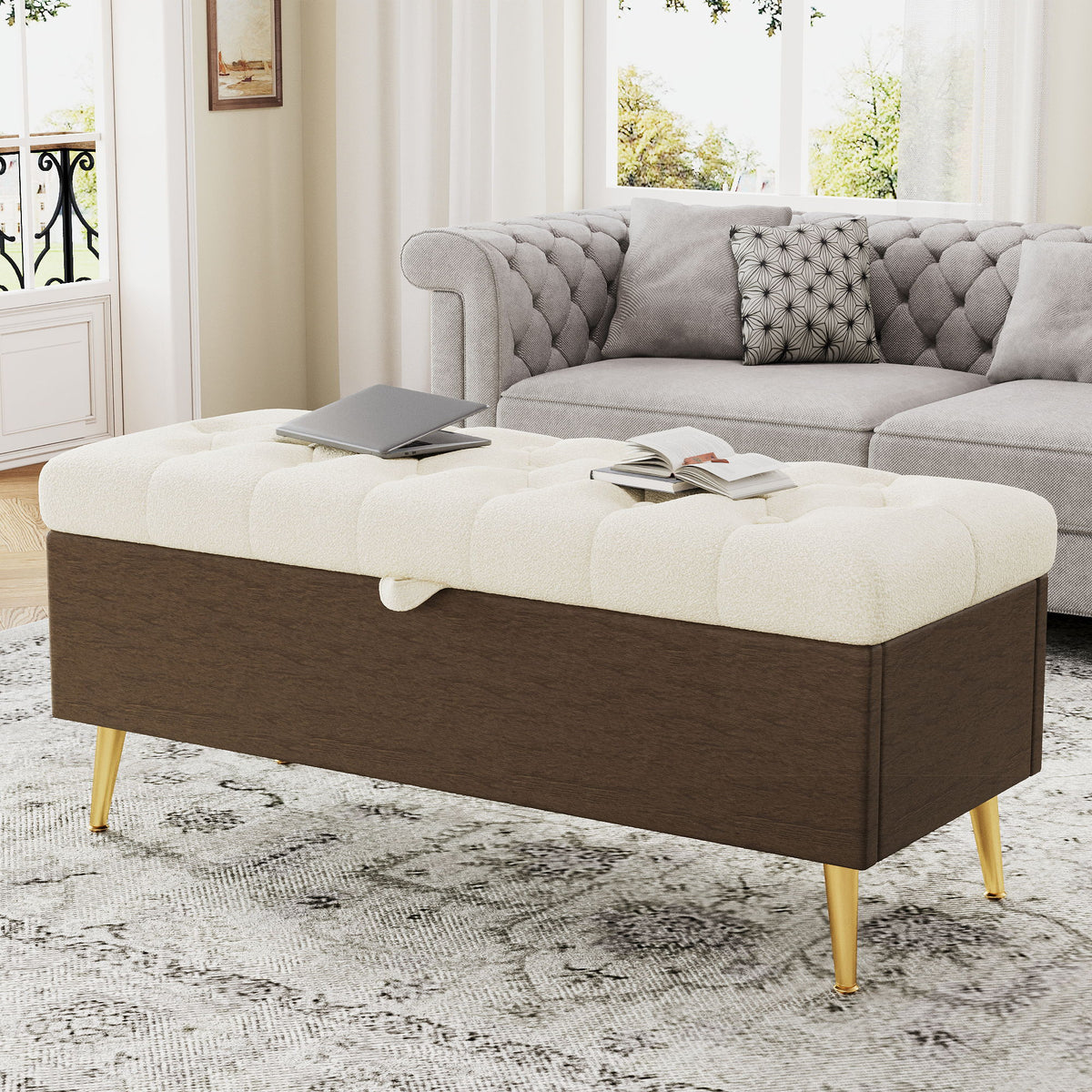 Modern Tufted Storage Ottoman Bench With Metal Legs