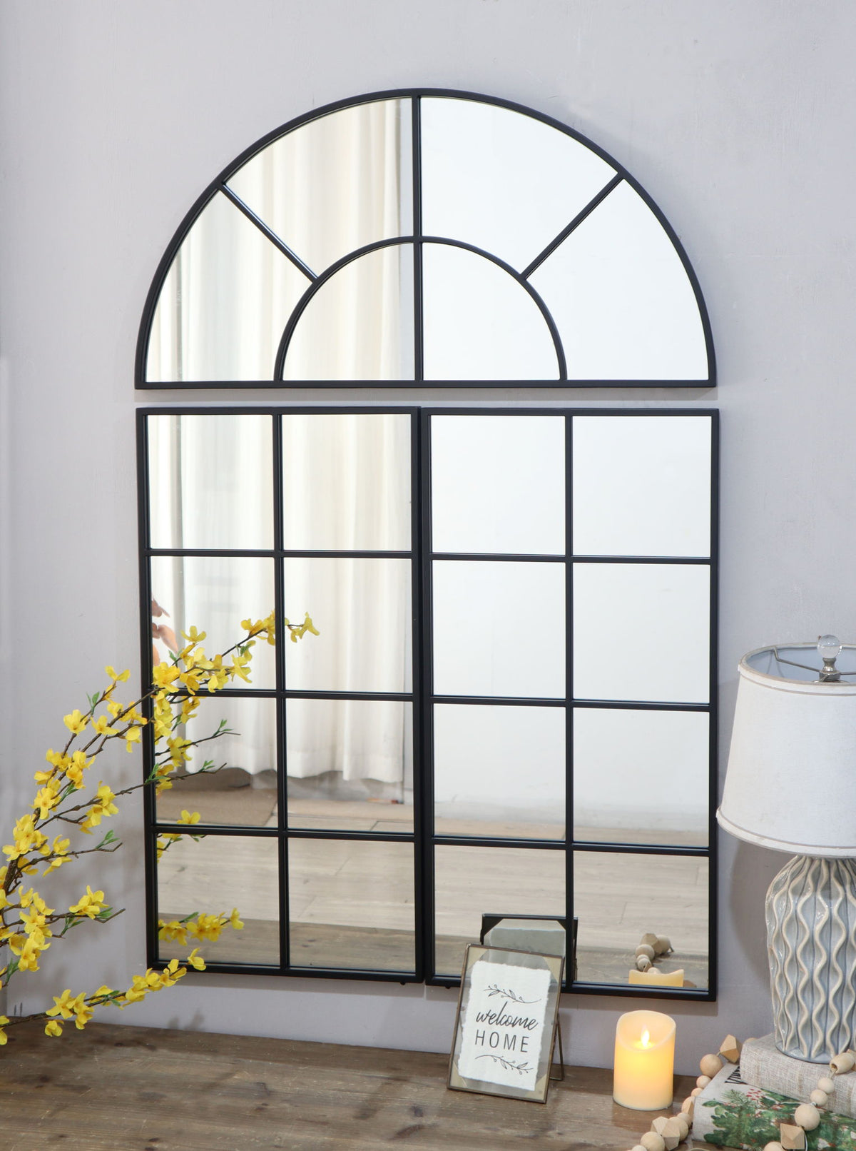 Large Arched Wall Mirror With 3 Separate Sections - Black