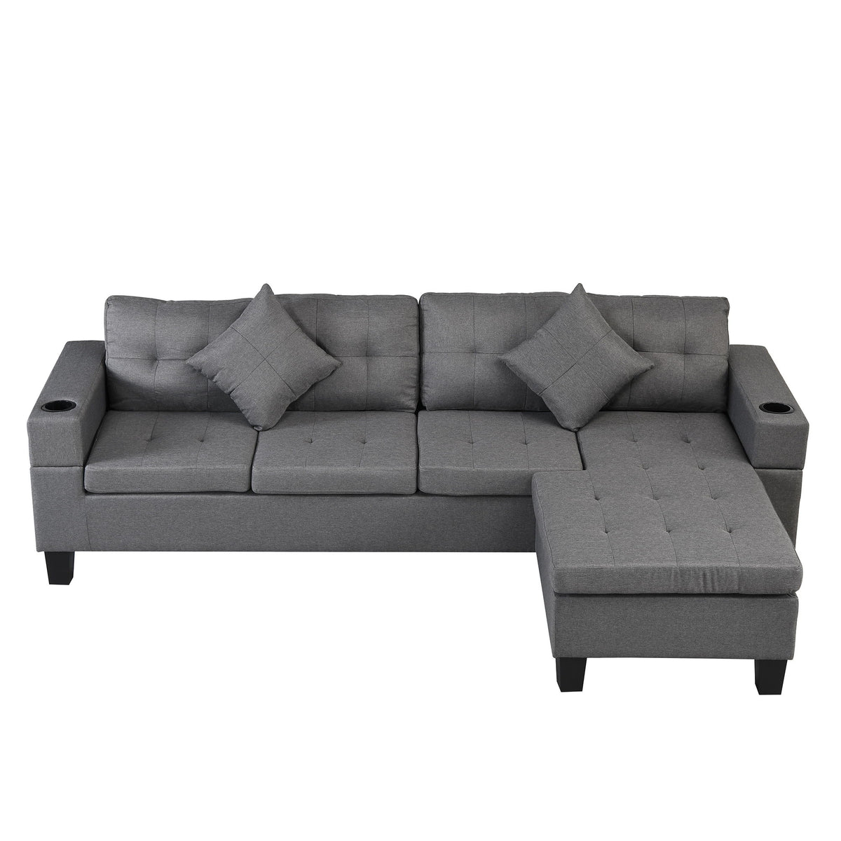 Modern Sectional Sofa Set With L Shape Chaise Lounge, Cup Holder, 4 Seat - Gray