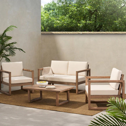 4 Pieces Acacia Wood Patio Furniture Set, Outdoor Furniture With Coffee Table, Patio Conversation Set Deep Seating With Soft Cushion, Porch Chairs For Backyard Porch Balcony - Brown Wash / Beige