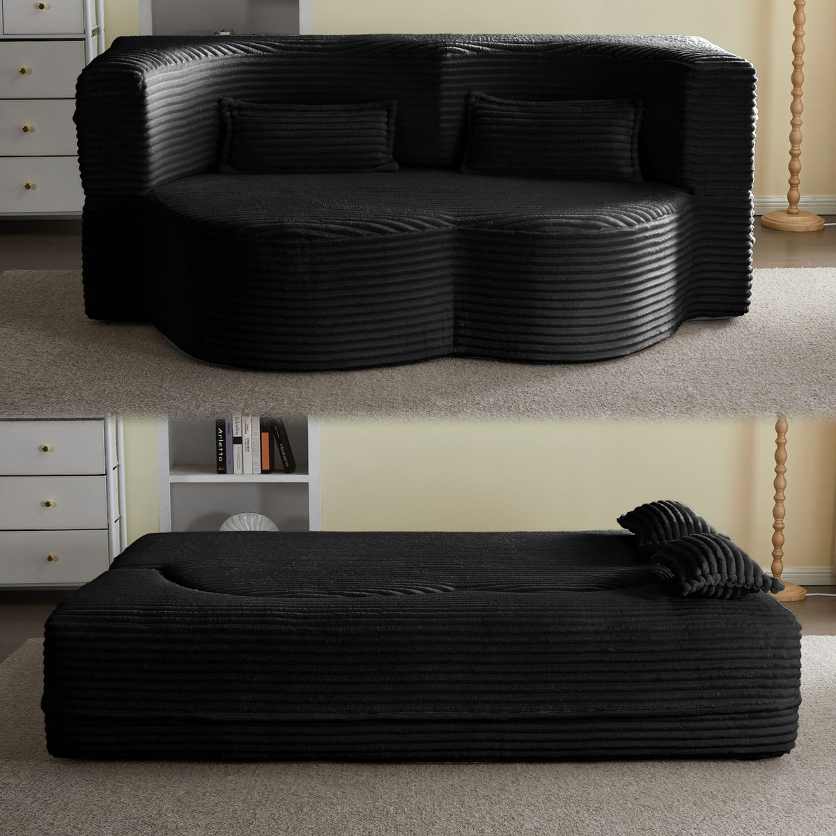 Floor Convertible Sleeper Sofa Bed With 2 Pillows