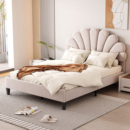 Upholstered Platform Bed With Flower Pattern Headboard