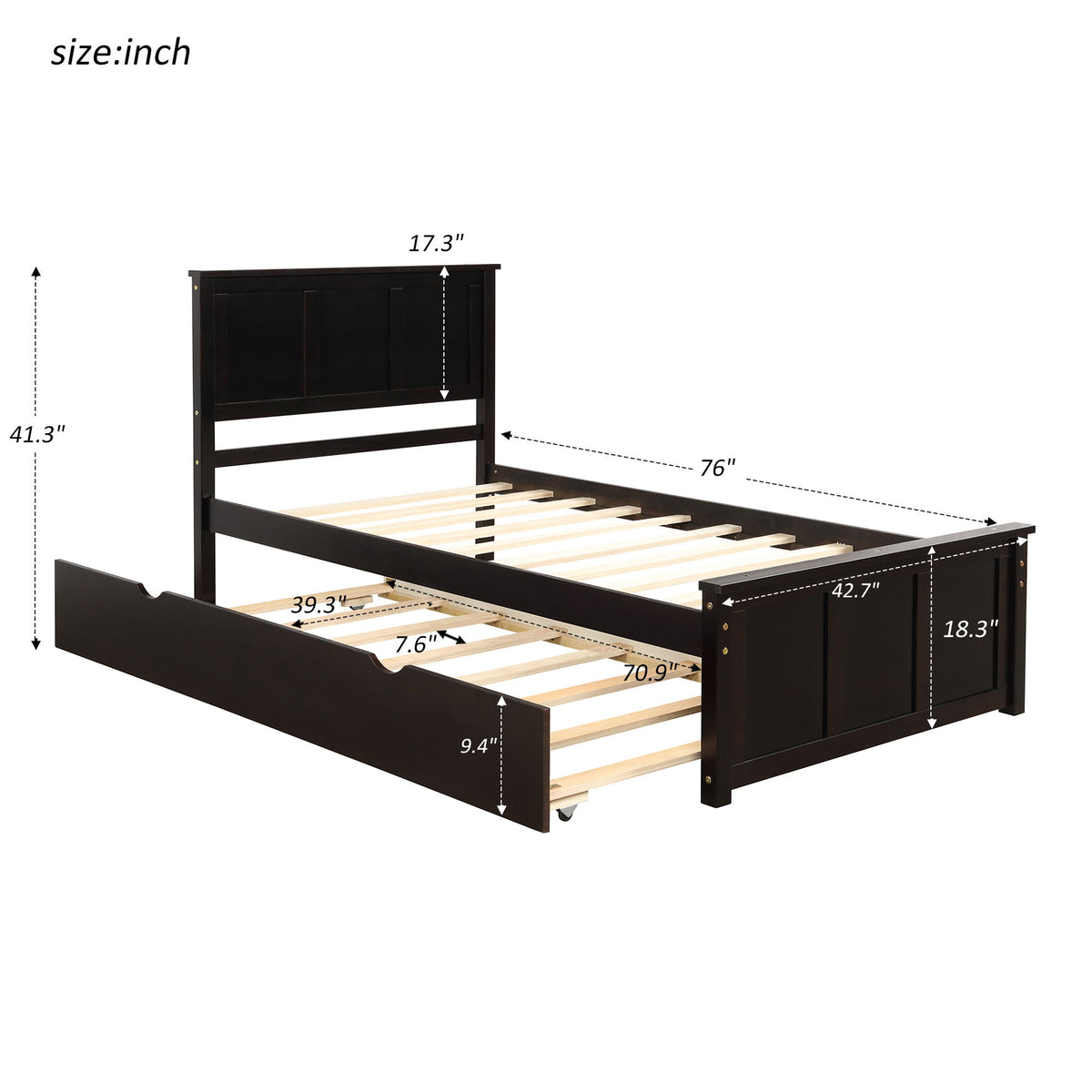 Platform Bed With Twin Trundle, Twin Size - Espresso