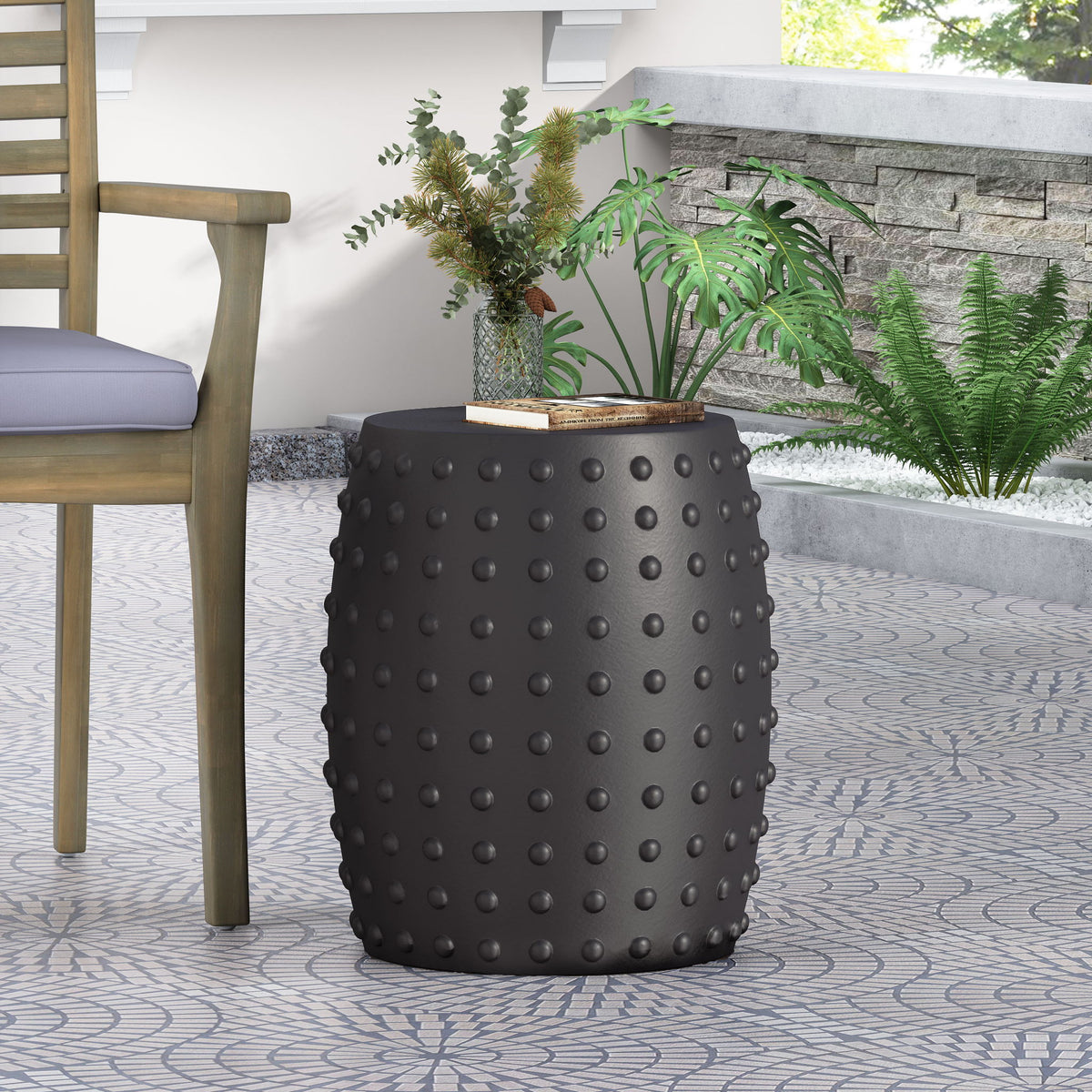 Outdoor End Table With Outstanding Studded Design - Matte Black