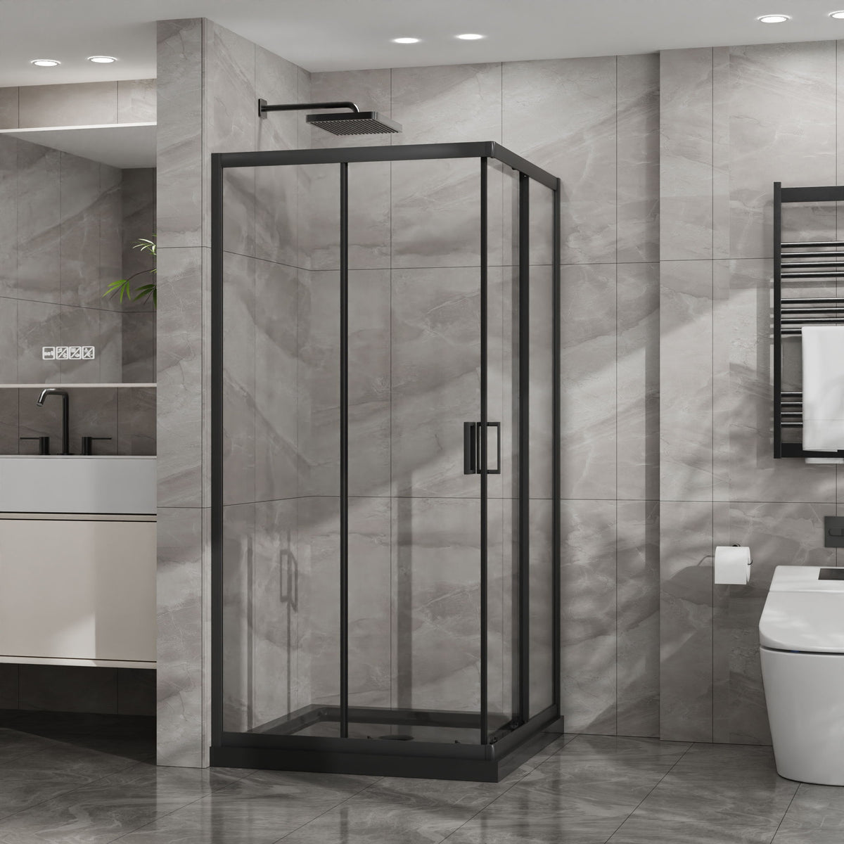 Corner Shower Enclosure, Double Sliding Door & Shower Base