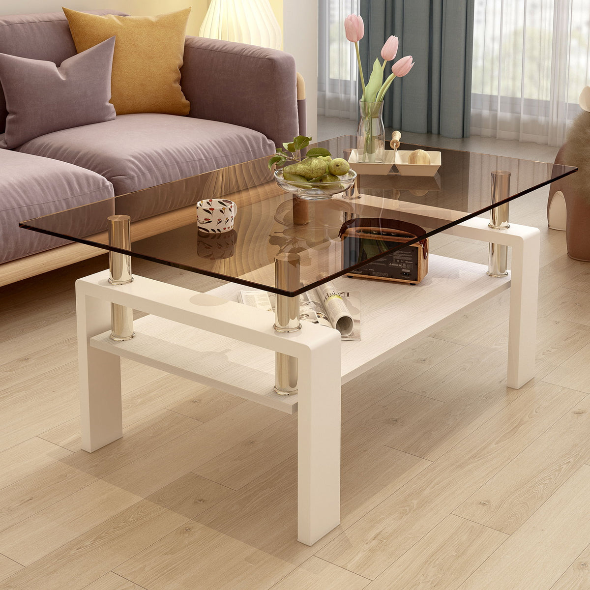 Modern Rectangular Coffee Table With Tempered Transparent Glass Top And Storage Shelf