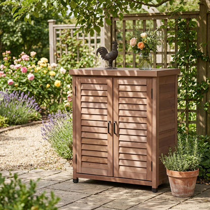 Potting Bench With Storage Cabinet And Metal Table Top For Outdoor