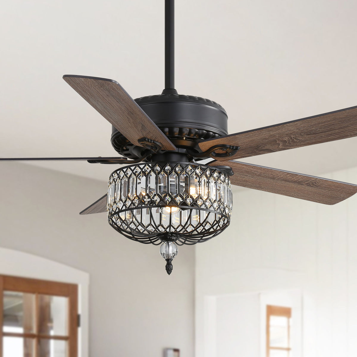 Ceiling Fan With Crystal Lampshade, 5 Blades, DC Motor, 6 Speed Remote Control, 1 / 4 / 8 Hour Timer - Black