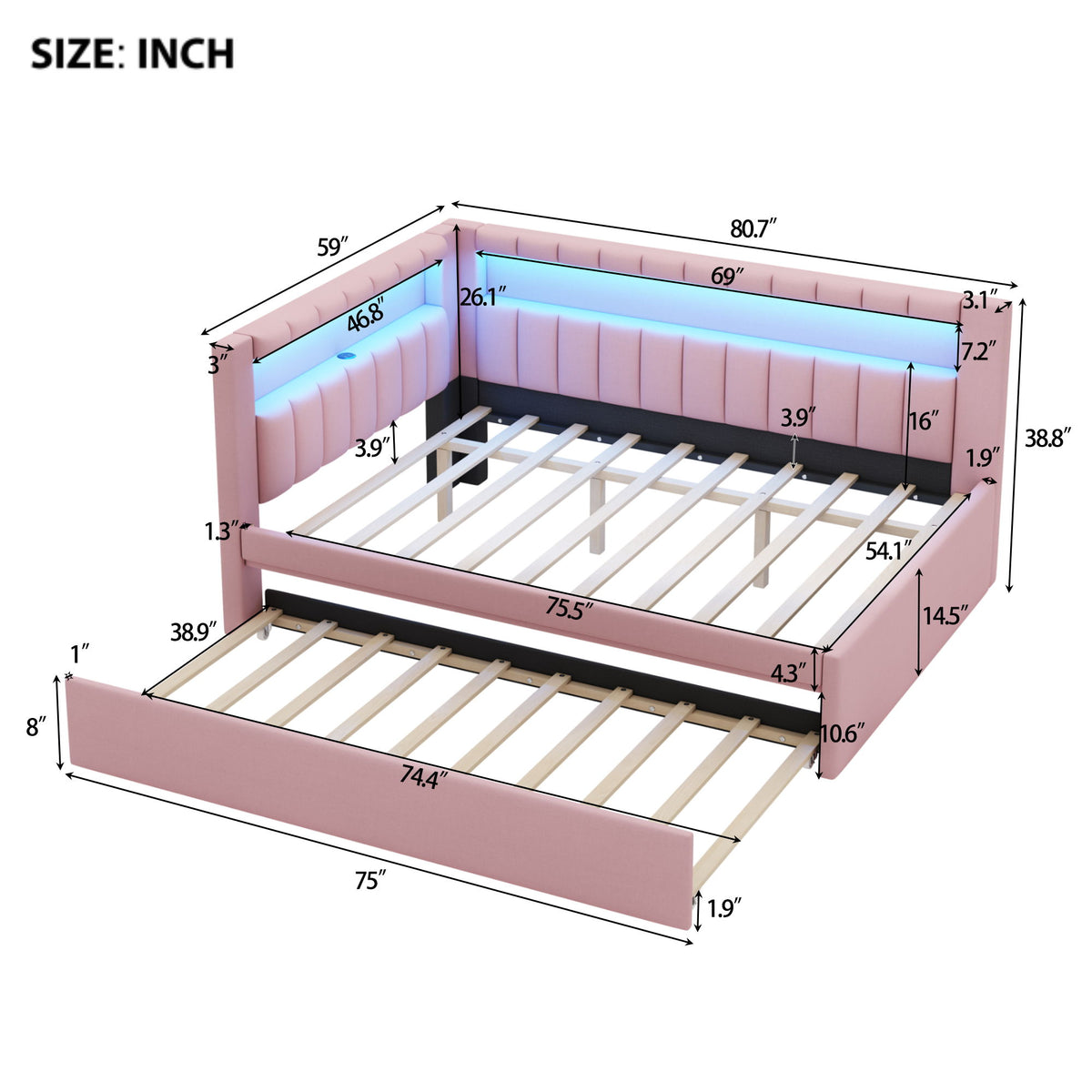 Upholstered Platform Bed With USB Ports And LED Belt