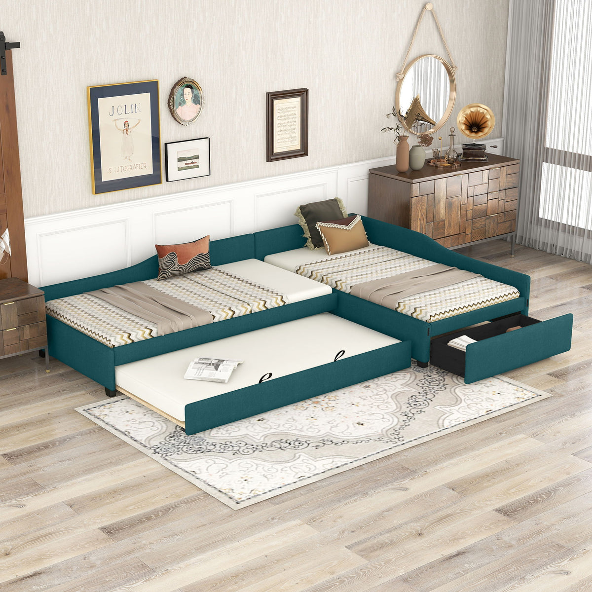Upholstered Double Daybed With Trundle And Drawer