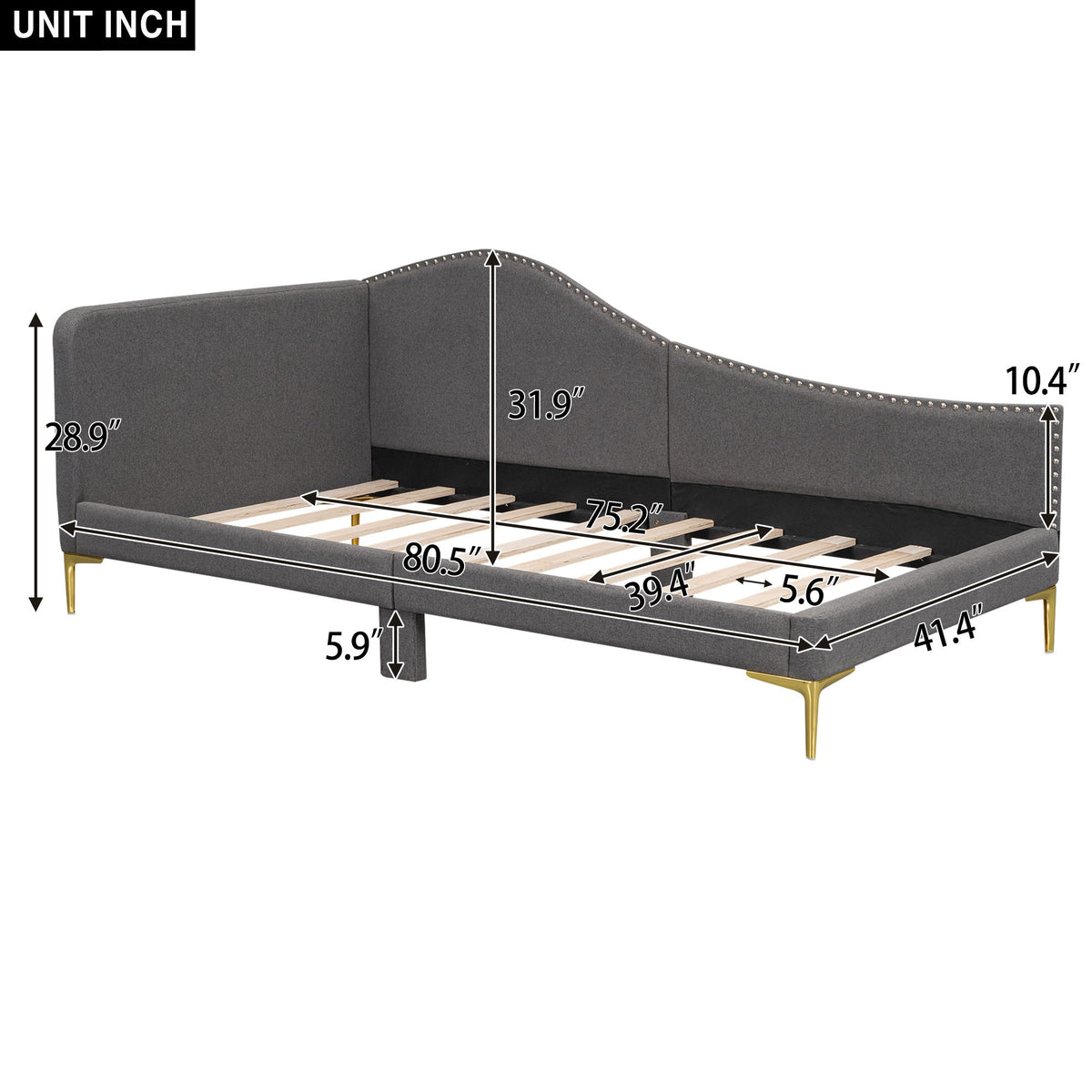 Upholstered Daybed With Headboard And Armrest, Support Legs