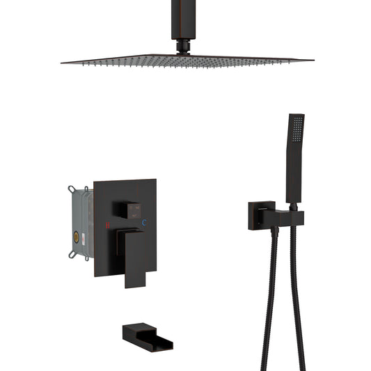 Modern Shower System With Waterfall Tub Spout, 12" Ceiling Mount Square Shower