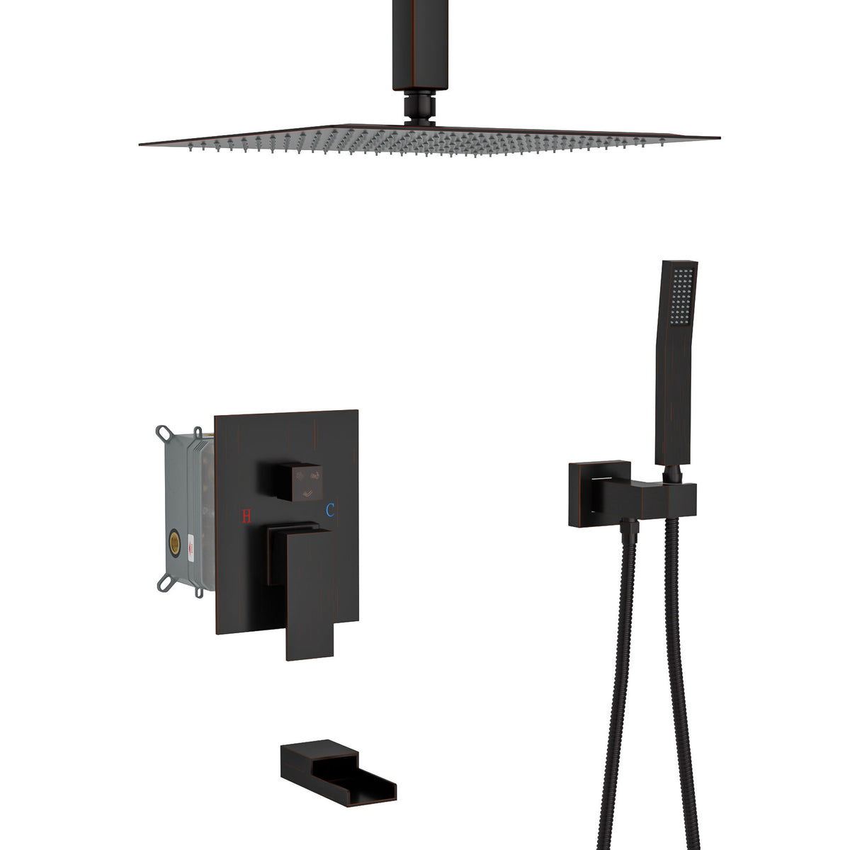 Modern Shower System With Waterfall Tub Spout, 12" Ceiling Mount Square Shower