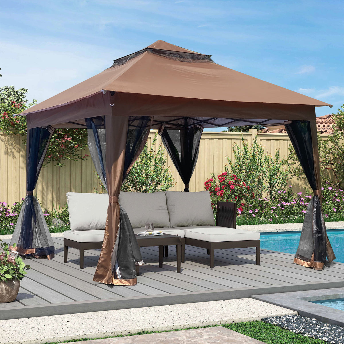 Outdoor Pop Up Gazebo Canopy With 2 Tier Soft Top And Removable Zipper Netting