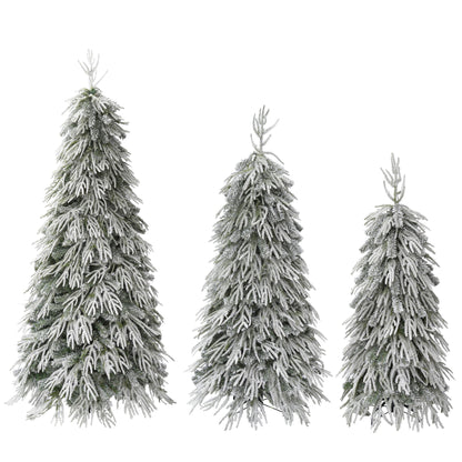 Snowy Cascading Christmas Trees 3 Piece Set With Warm LED Lighting, Flocked Weeping Branches, Multi Level Indoor Decor - Green
