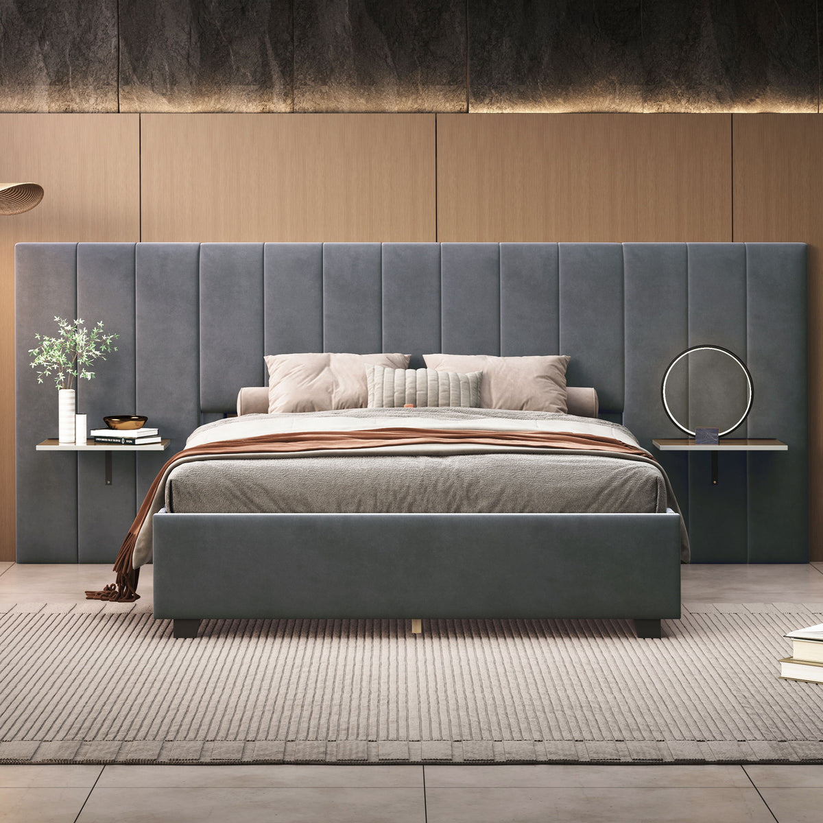 Upholstered Platform Bed With Big Headboard