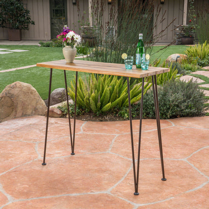 Outdoor Bar Table With Wood Tabletop And Iron Hairpin Legs - Black / Teak